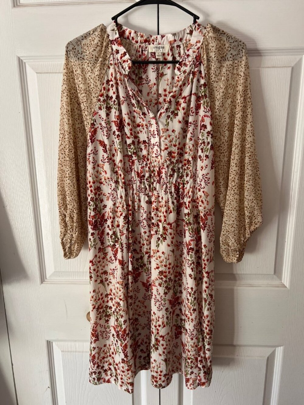 Umgee Floral Midi Dress L Smocked Empire Waist Balloon Sleeve Boho Fall